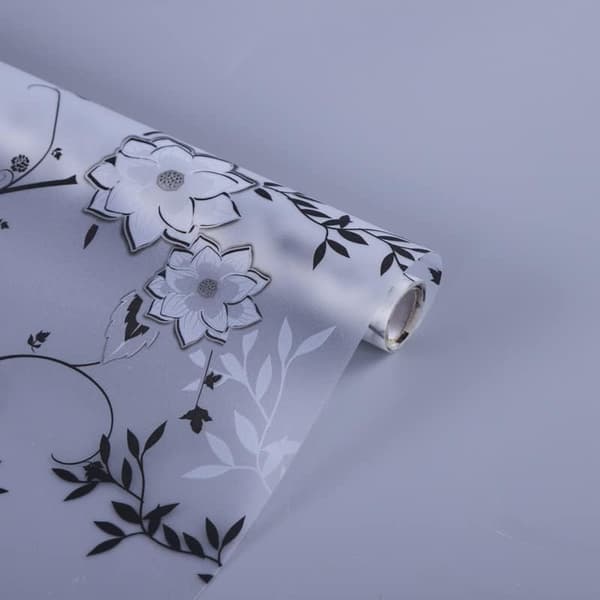 Window Film Privacy Stained Glass, White/Black Flower Pattern, 45x200cm