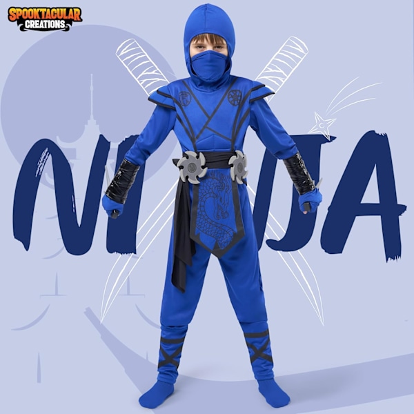 Ninja rød drage kostume til børn Halloween fest Medium (8-10 yrs) blå blå