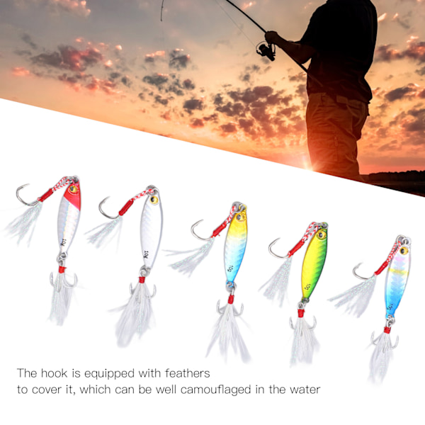 10g Jig Fiske Lure Set - 5st Metalljiggar med Fjäderkrokar för Basfiske