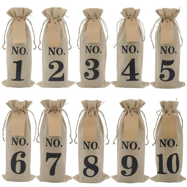 Nummererte jutevinposer med etiketter for blind vinsmaking, 10 stk, beige