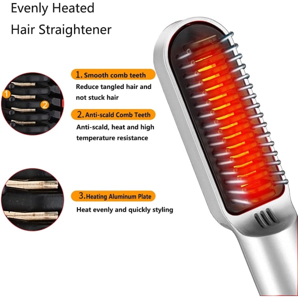 Bärbar trådlös hårutjämningsborste med 200°C konstant temperatur jonisk plattning och locktång Resa Anti-skållningsuppladdningsbar USB elektrisk värmekam