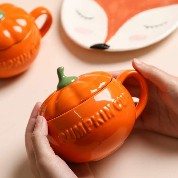 Pumpaformad keramisk mugg med lock, halloween dekorationer, halloween pumpa mugg (300ml)