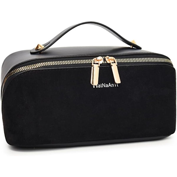 Black Suede Makeup Bag for Women | Waterproof, Large Capacity | 2 Zippers