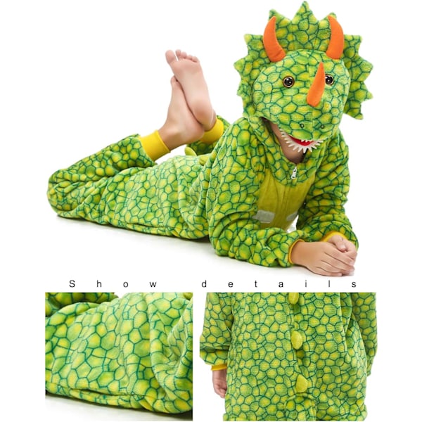 Unisex børnejumpsuits, 2023 kostume dyreonesie natkjole pyjamas hættede nattøj cosplay kigurumi nattøj jul halloween Grön dinosaurie 130