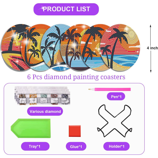 6 stk Diamantmalingsmatter med Holder, DIY Diamantkunst og Håndverk for Voksne, Små Diamantmalingssett Tilbehør (Solnedgang og Strand 6-pakning)