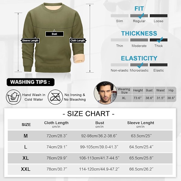 Vinterfleecegenser for menn Termisk genser uten hette Oversized Rund hals Varmt arbeid Avslappet genser Grön L