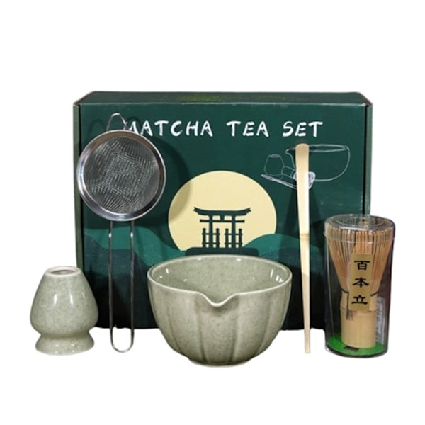 Keramisk Matcha-te, inklusive matchaskål och matchavisp, 5-delars set grön green