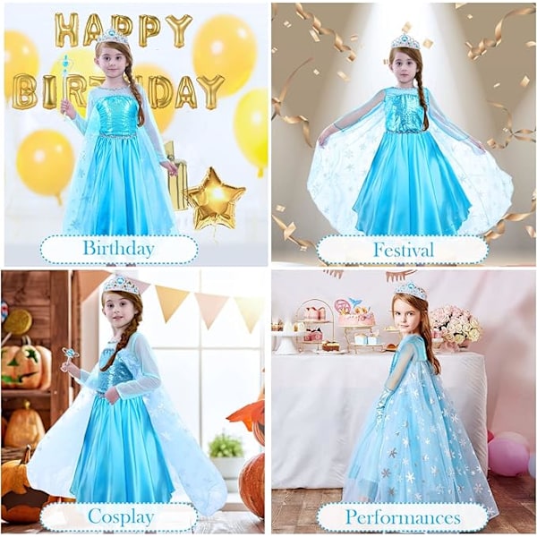 Flickdräkt, 9 delar, ELSA-klänning för barn med krona, tiara, handskar och trollstav för jul, maskerad, karneval, halloween, födelsedagsfest 140cm