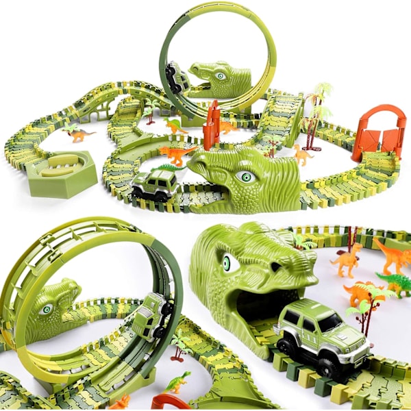 Dinosaur Race Track Set, 387pcs Flexible Dino Train Tracks, Cars, & Dino Toys, Gift for Kids 3+ Years