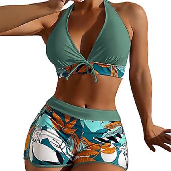 Dam Lövmönstrad Vadderad Bikini Halterneck BH Fjärilsband Topp Hög Midja Pojkshorts Baddräkt Sommar Strandbadkläder (3XL Mörkgrön)