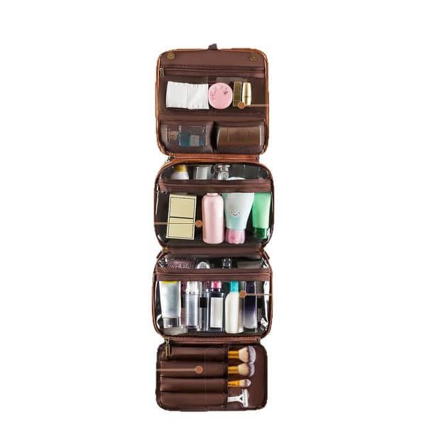 3-in-1 Travel Toiletry Bag - Portable PU Leather Organizer with Hanging Hook & Multiple Compartments, compatible with various brands Brown Brown