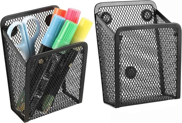 Magnetisk pennhållare med 2 fack, rostfritt stålnät, rektangulär, 2-pack
