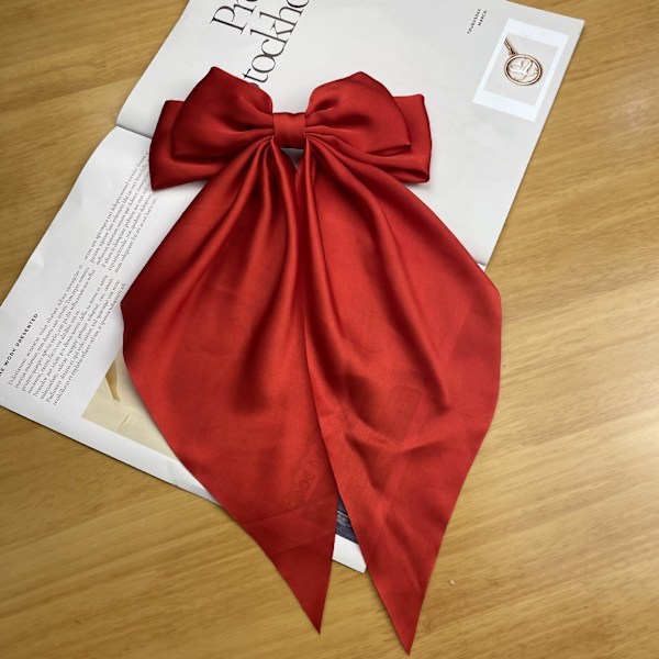 2 ST Store Hårspenner med Sløyfe og Lang Silkeaktig Sateng, Ensfarget Fransk Hårspenne Enkle Hårfester Accessoirer for Kvinner Jenter Red