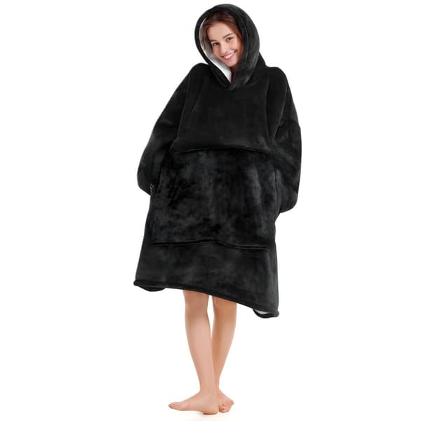 Fleecegenser, stor oversized, tykk, varm, med hette, svart, myk_MGF