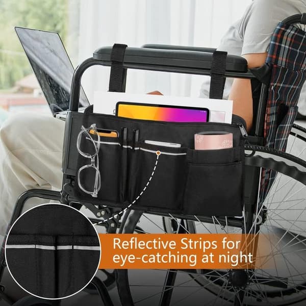 Rullestolveske, armlensoppbevaring med koppholder og refleksstripe
