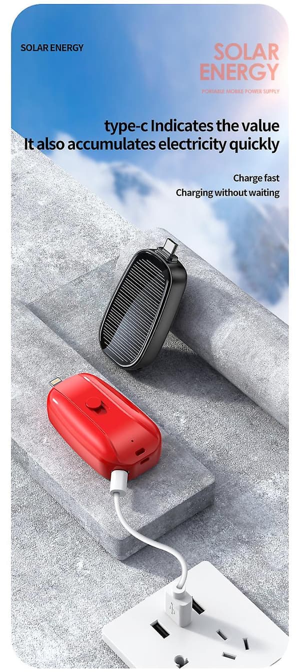 Mini solcelleoplader nøglering powerbank til mobiltelefon 1200mA Red: For Lightning