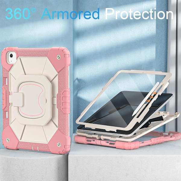 iPad Air 11 tommer Deksel M2 2024 med Pennholder/Skjermbeskytter/360° Roterende Stativ, Militærgradert Støtsikkert Beskyttelse for iPad Air Ca Rose Gold gold iPad Air11 2024