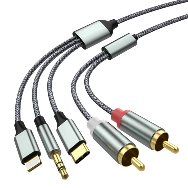 Lightning til RCA-kabel Audio Aux-adapter, RCA til 3,5 mm kabel, USB-C til 2 RCA lydkabel, 3-i-1 lydkabel for bil, hjemmekinosystem, høyttalere og mer