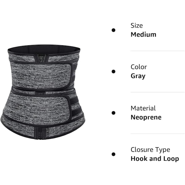 Hikinauhavyö naisille, kaksi vyötä, neopreeninen treenikorsetti vyötärönmuotoilija, cincher-trimmeri, muotoilija, vetoketju, harmaa Gray 3XL