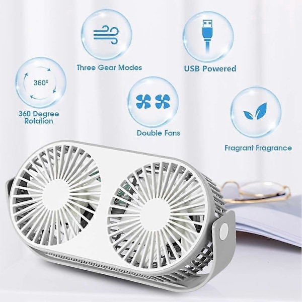 2025 Lämplig USB-fläkt Mini Bordsfläkt Liten Portabel 360° Rotation Dubbelhuvud USB-fläkt med 3 Hastigheter Aromfunktion