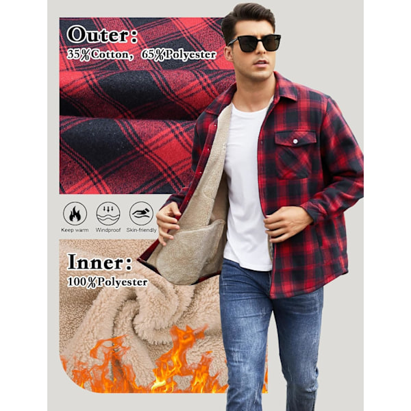 Lumberjack Skjorte Mænd Foret Termisk Flannelskjortejakke Vinter Multi Lomme Plaid Jakke Blått och rött M