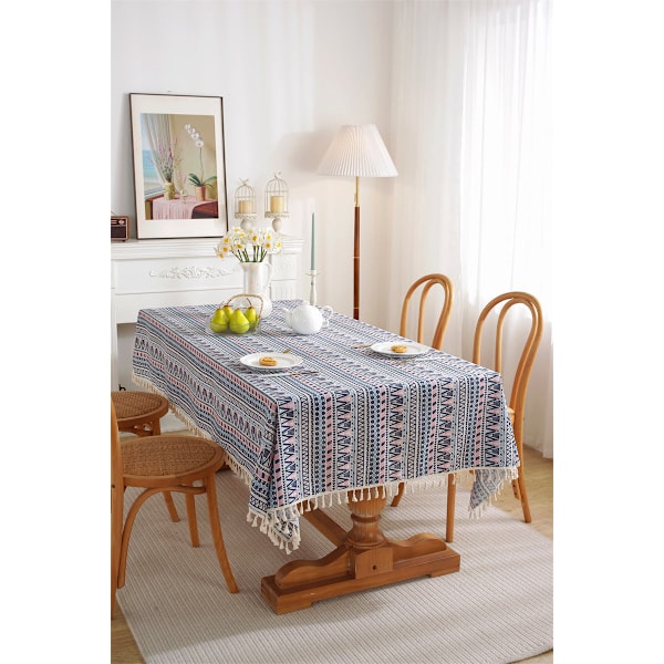 Etnisk Stil Bordduk Polyester Bomull Bohemisk Pop Rektangulär Dammskyddande Bordduk Kaffebord Duköverdrag Blå Pop-Tofs Blue pop tassel 140x250cm