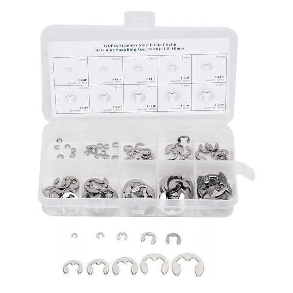 120 stk E-Clip Skive i rustfritt stål Ekstern låsering Låsering sortimentsett 1,5 mm-10 mm
