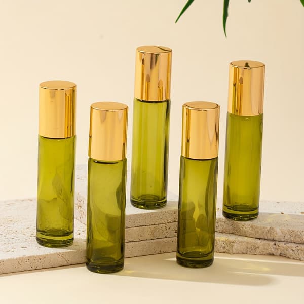 Påfyllningsbara rullflaskor i glas med rullkula i rostfritt stål för eteriska oljor och parfym, resestorlek, olivgrön, 10 ml, 5-pack