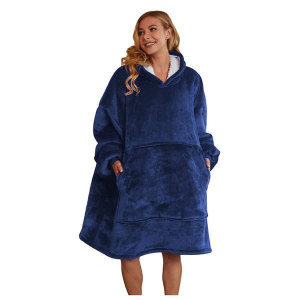 Fleecegenser tykk oversized med hette 2 i 1 marineblå komfortabel gave_MGF