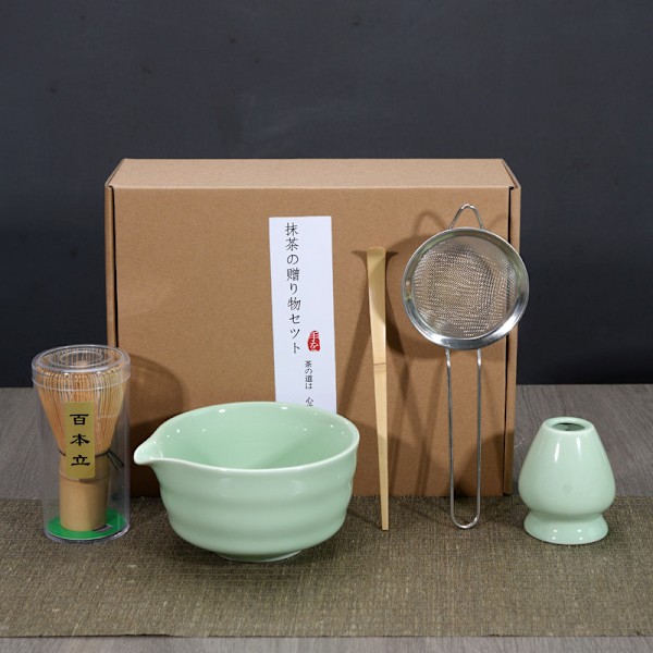 Keraaminen teesetti, sisältää matcha-kulhon, matcha-vispilätelineen ja matcha-vispilän, 5-osainen setti turkoosi turquoise