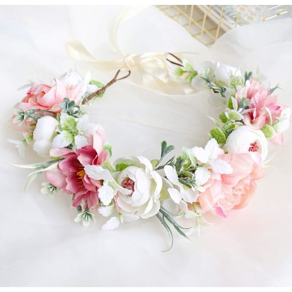 XJ-Justerbart Blomsterdiadem Blomsterkrans Hårkrans Blomsterhovedbeklædning Halo Boho Med Bånd Bryllup Fest