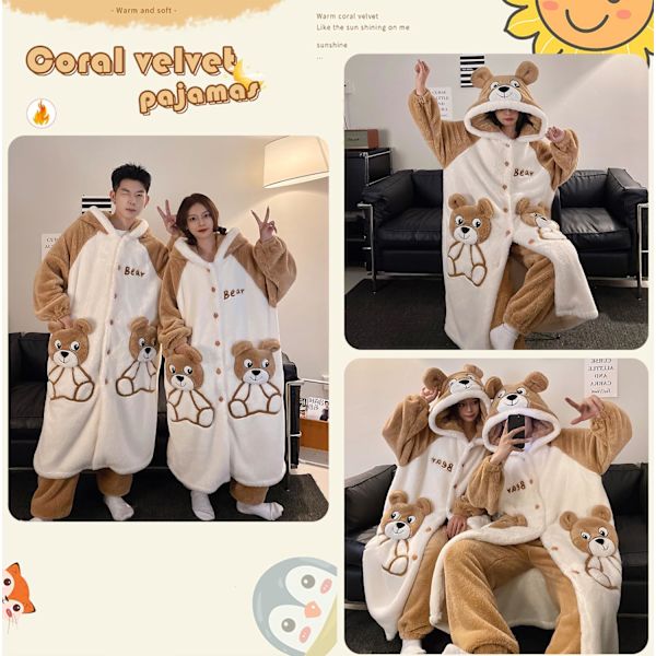 2-in-1 Miesten ja Naisten kylpytakki, Kylpytakki, Huppu ja Pyjamahousut, Talvivillainen Yöasu, Yöpaita, Negligee, Pyjama Spa-hotellille, Juhliin Kvinnor-brunbjörn XL