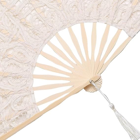 Sammenfoldelig håndvifte i bomuldsblonde med broderi, bryllup, med pinde