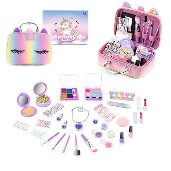 Makeup-sæt til børn med stilfuld makeuptaske - Ægte, ikke-giftigt, vaskbart makeup-sæt - Fødselsdag, påske, mors dag, pigedag og julegave 2620A
