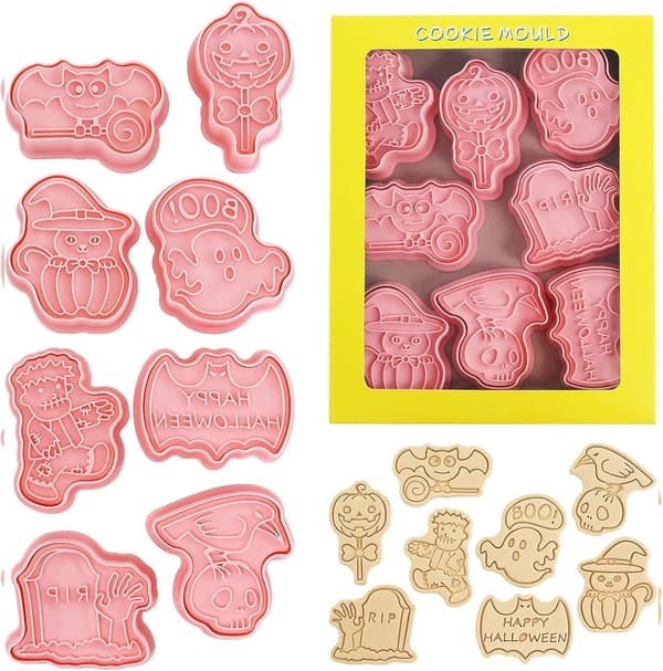 Halloween Cookie Cutter Sæt med 8, 3D Spøgelsesprægede Plaststempler, Græskarværktøjer til Kagedekoration (Stil D)