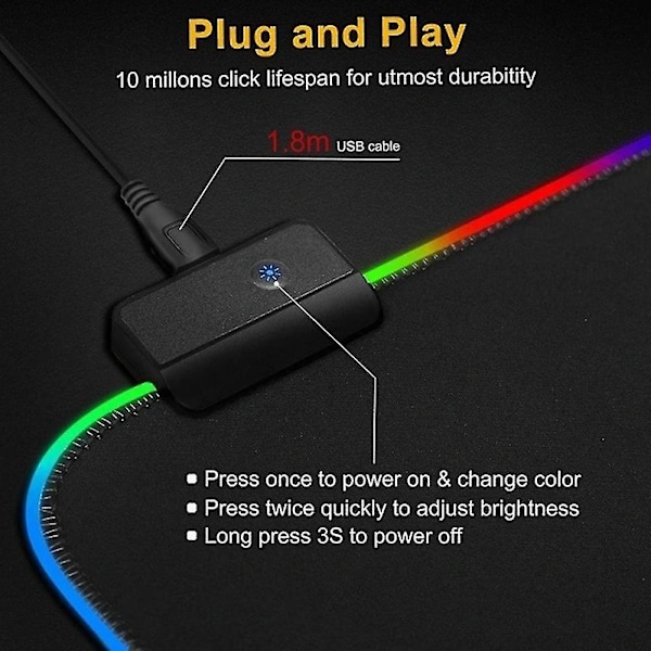 Gaming musemåtte med LED-belysning - RGB - Vælg størrelse Sort 80x30 cm