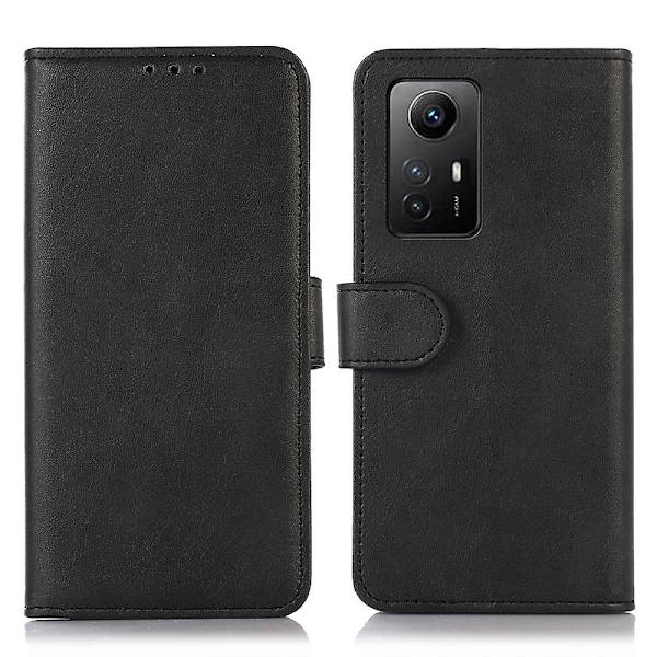 Xiaomi Redmi Note 12s 4G:lle nahka lompakko kotelo, lehmännahka tekstuuri magneettinen kansi Black
