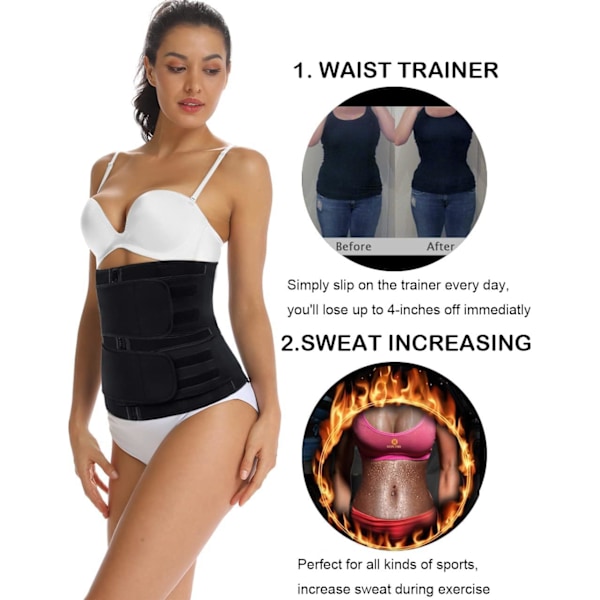 Sved Waist Trainer til kvinder To bælter, Neopren Træningskorset Taljetræner Cincher Trimmer Shaper Lynlås Sort Black 4XL