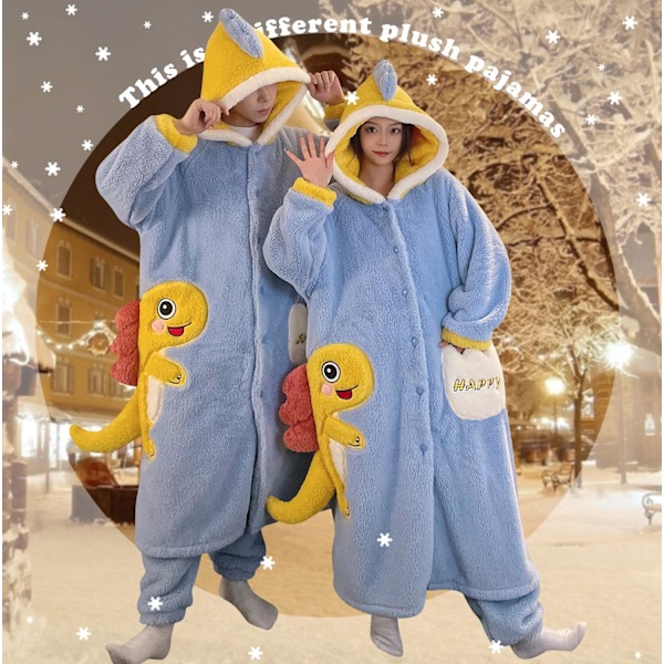 2-in-2 Miesten ja Naisten kylpytakki, Kylpytakit, Huppu ja Pyjamahousut, Talvivillainen Yöasu, Yöpaita, Negligee, Pyjamat Spa-hotellille, Juhliin Kvinnor-dinosaurie XXL