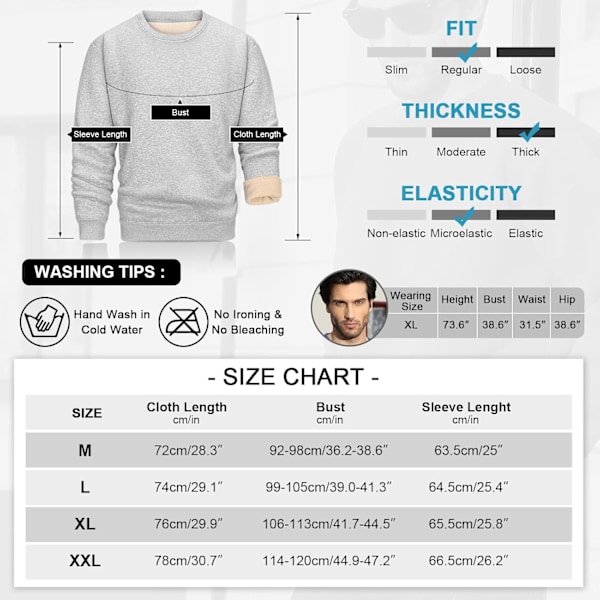 Vinterfleecegenser for menn Termisk genser uten hette Oversized Rund hals Varmt arbeid Avslappet genser LJUSGRÅ XL