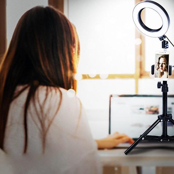 16cm Selfie Lamp: 3 Light Modes, Dimmable, Tripod Mount Black Svart