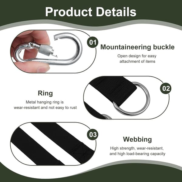 2 Hängmattband - 50*3,2 cm med karbinhakar och D-ringar - för gungor, camping, trädgård - svart