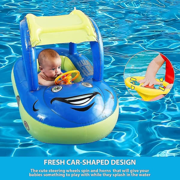 Oppblåsbar Baby Pool Float med Solbeskyttelse, Bilformet Badebåt for Spedbarn Småbarn Barn_OF