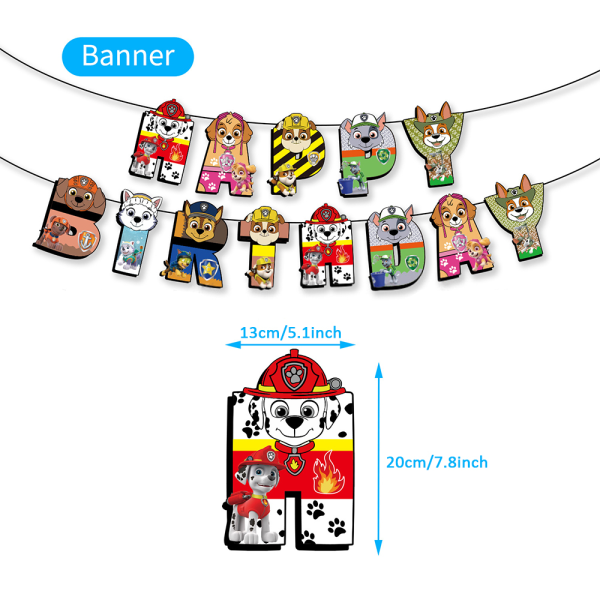 Paw Patrol-tema balloner, banner, flag og kagedekorationer