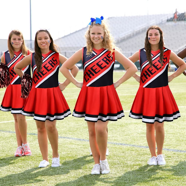 Cheerleader-kostume, Cheerleading-kjole i high school-stil med cheerleader-pompoms og pandebånd, Cheerleader-kostume til kvinder og piger Festtøj Parent röd