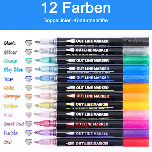 Outline Magic Pens Adventskalender Jenter 12 Farger Dobbel Linje Glitterpenner Metalliske Magic Penner for Maling, Gavekort, Scrapbooking, Håndverk, Jenter