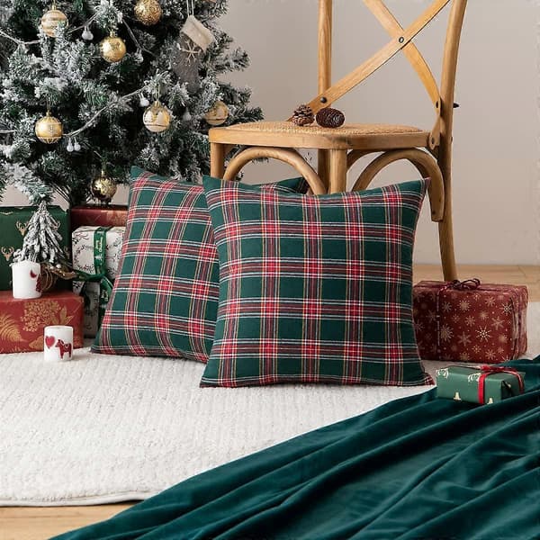 Set med 2 julkuddfodral, Rutiga Kuddfodral 45 x 45 cm, Julkuddfodral, Dekorativa Kuddfodral, Bomulls-Polyester, för L_OF