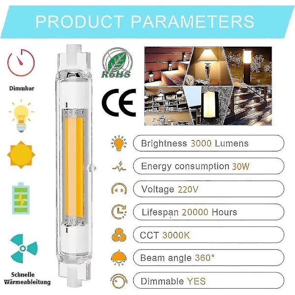 R7s 118mm LED-pære 30W Dimbar Energibesparende Cob Ekvivalent J118mm 300W Halogenpære Varmt Hvit 3000k Ingen Flimmer 3000lm 360 Spotlight