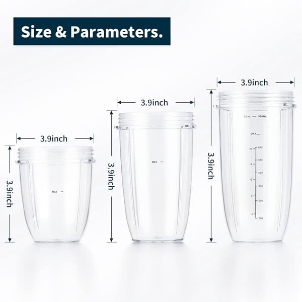 Blenderudstyr passer til NutriBullet, erstatningskopper: Kort (532 ml), Høj (710 ml), Kolossal (946 ml) med låg