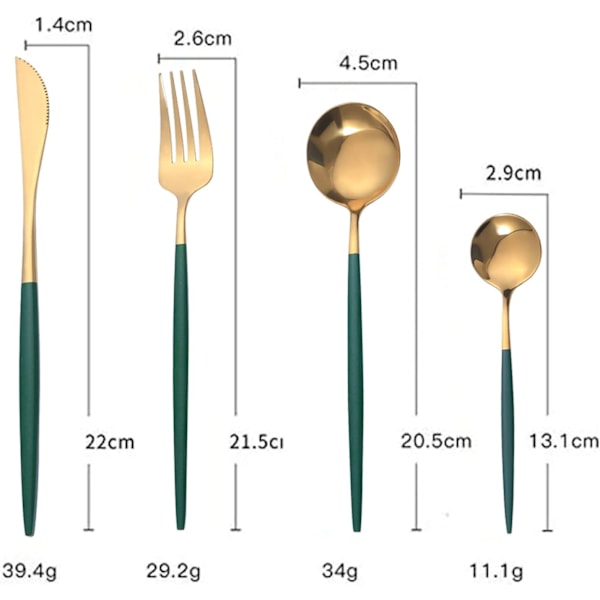 Grønt & Gull Rustfritt Stål Bestikksett for 4, Inkluderer Stekekniver, Gaffler & Skjeer Green gold